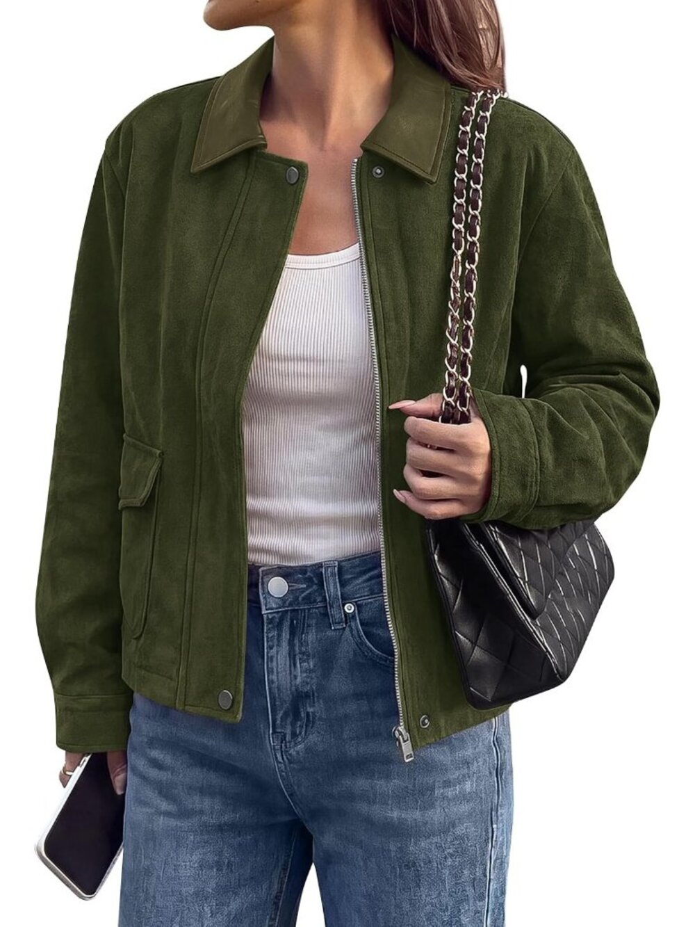 Women's Army Green Long Sleeve Faux Suede Lapel ZIP Up Fall Coat Moto Jacket